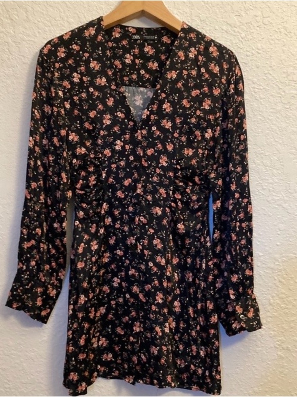 Zara Black Floral l/s Wrap Satin Mini Dress. Sz S